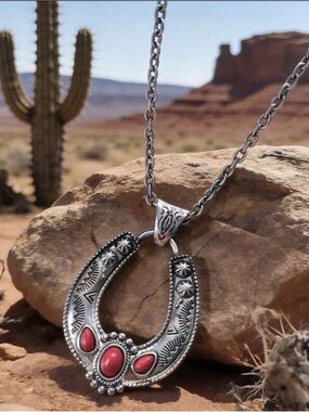 Western Necklace Horseshoe Red Turquoise Pendant Necklace Cowgirl Style